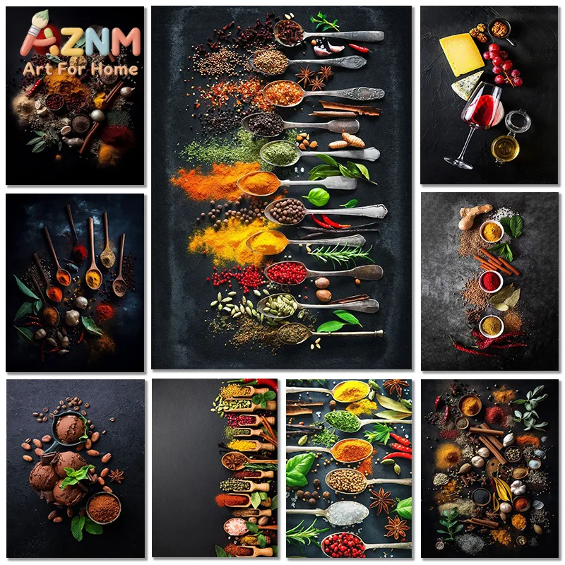 AZNM Kitchen Spice Herb Canvas Wall Art Colorful Seasoning Spoons Dark Background Food Art Unframed Canvas Home Decor Painting