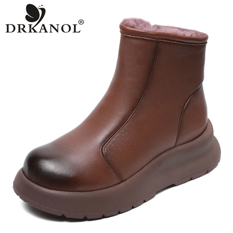 DRKANOL Natural Wool Warm Snow Boots Women Winter Thick Bottom Shoes Chunky Platform Wedges Heel Fur Shearling Ankle Boots