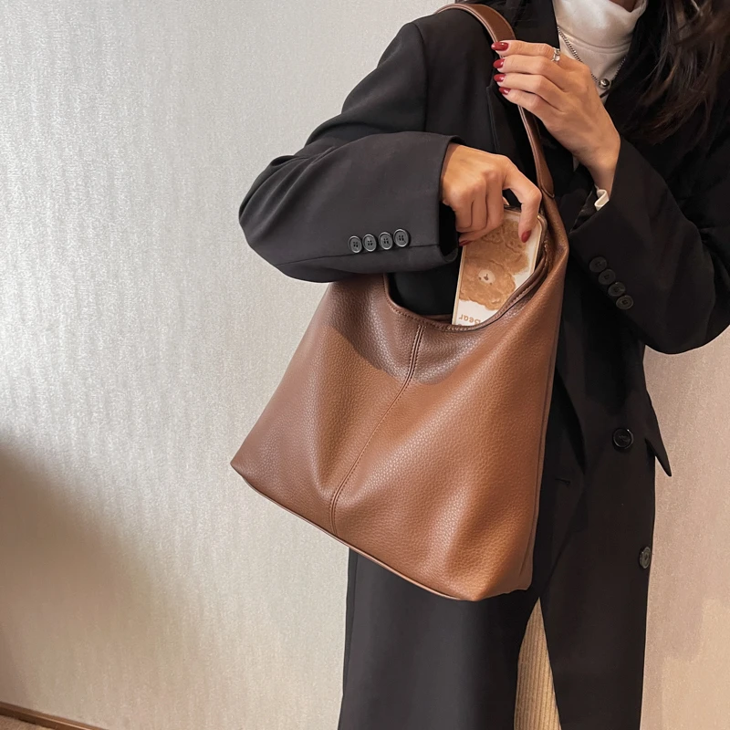 Simple Fashion Single Shoulder Tote Bag Set For Women Soft Leather Pure Color 2-In-1 Large Capacity Shopper Tote Handbags Female