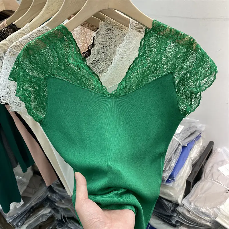 Grande donna 2022 New Ice Silk Stitching Lace Top canotta femminile con scollo a v Bottoming Shirt fuori all'interno della maglia Top 45-110KG