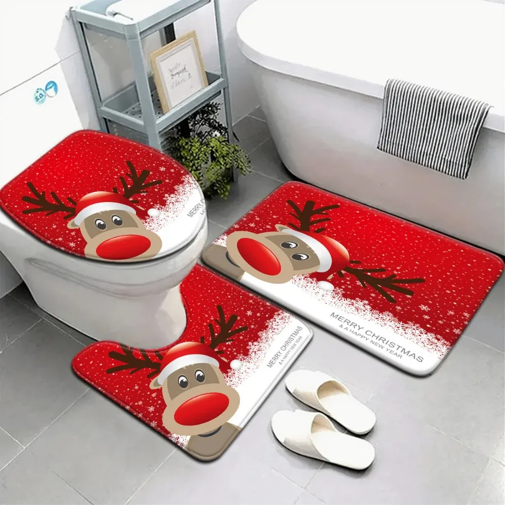 3pcs Christmas Red Background Snowflake Reindeer Pattern Bathroom Mat Set Toilet Seat Cover and Rug Bathroom Decoration Foot Mat