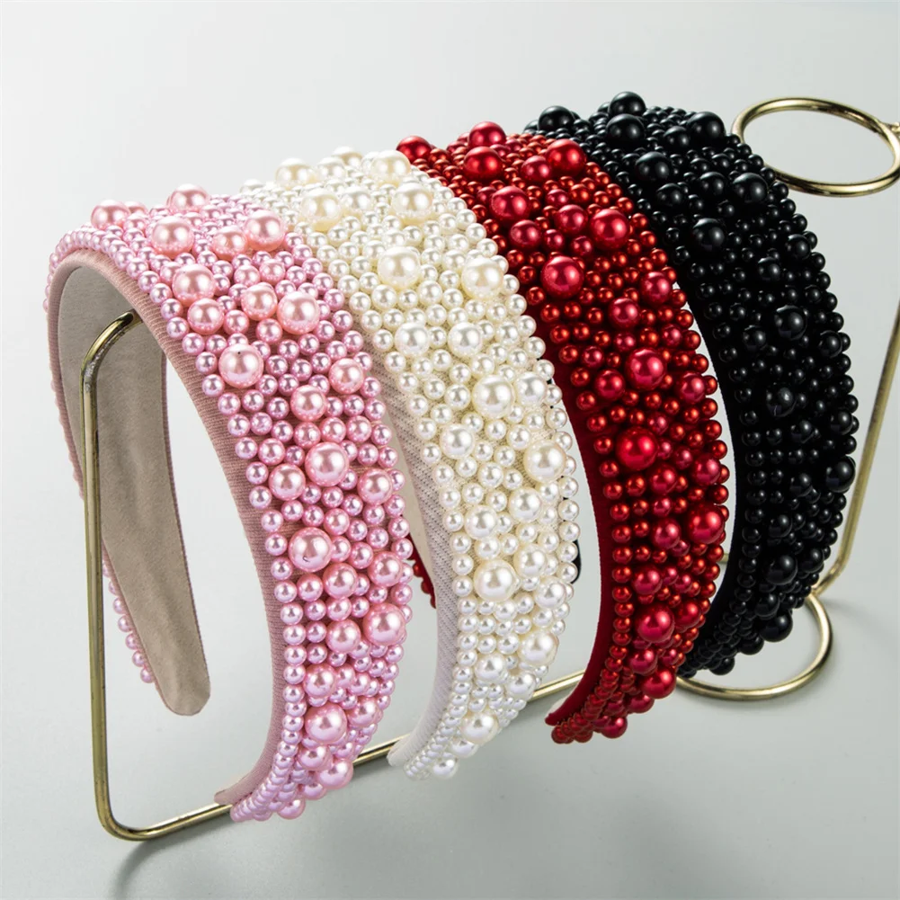 

Women Girls Pearl Headbands Fashion Thick Padded Pearl Jeweled Beaded Wide Hairbands For Wedding Birthday Party Hair Accessories