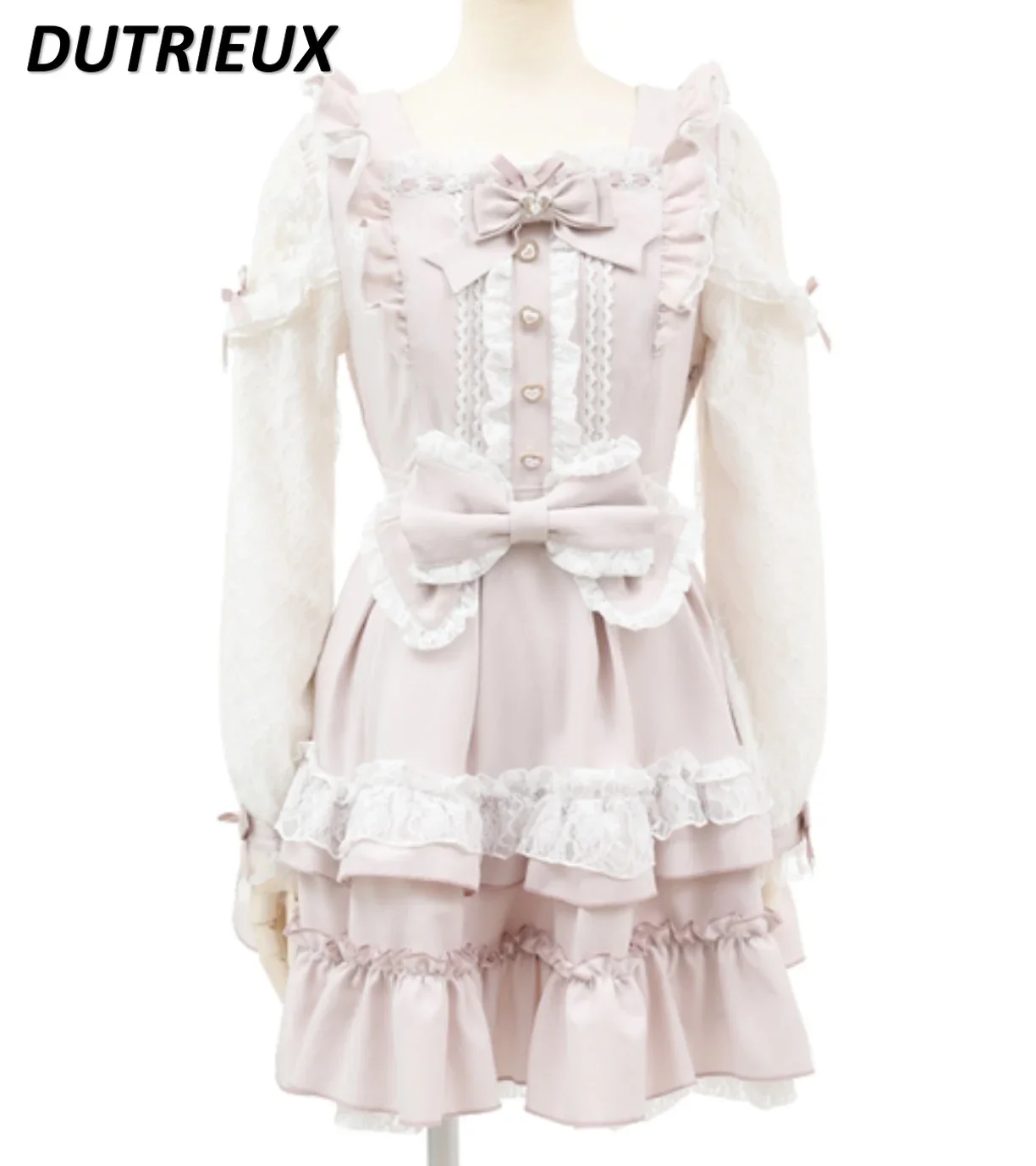 Sweet Girl Lace Splicing Long-sleeved Waist Dress Spring and Autumn New Japanese Cute Mass-produced Bow Lace-up Dresses