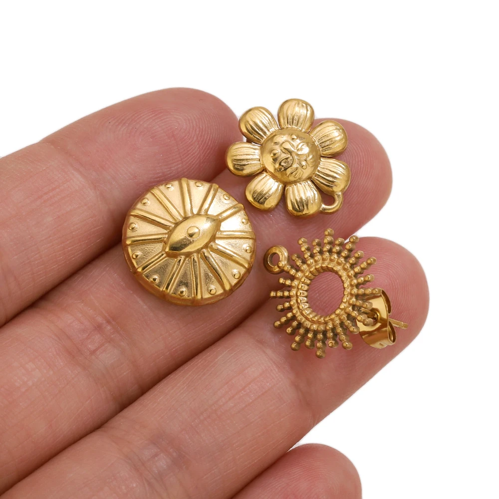 6pcs/lot Gold Color Stainless Steel Sun Flower Blank Earring Studs Base Pins With Earring Plug Ear Back for DIY Jewelry Making image 3