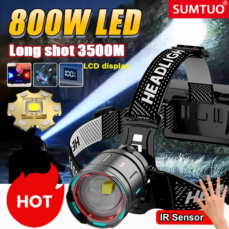 

1000000LM Powerful Headlamp 800W Led Sensor Head Flashlight Long Range Headlight 18650 Rechargeable Head Lantern Fishing Camping