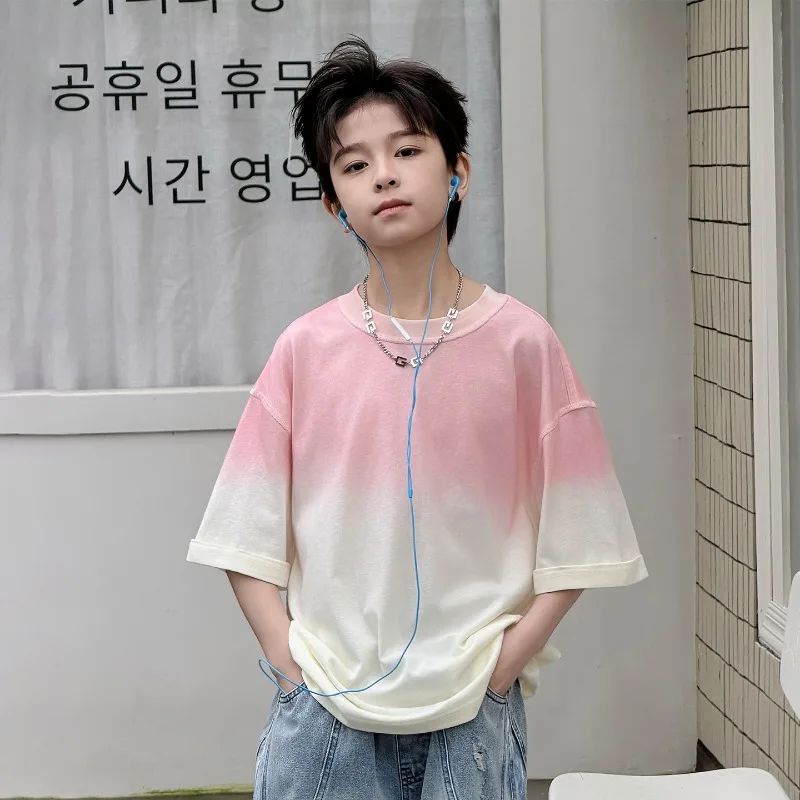 Boys Trendy Brand Pink and White Short-sleeved T-shirt 2026 Summer New Loose and Versatile Korean Version Casual Top