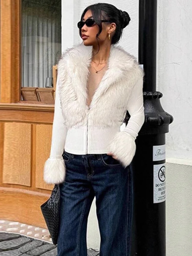 

Trendix Faux Fur Neck Knit Sweater Cardigan For Women Winter Slim Patchwork Short Jacket Street Casual Office Commute Warm Coat
