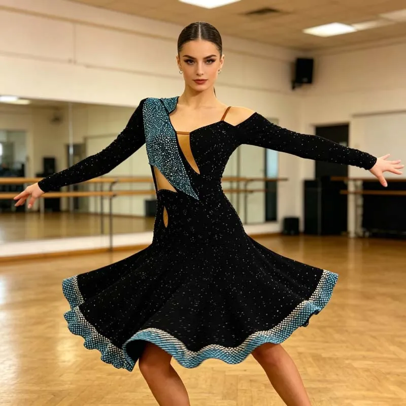 Lady's Standard Latin Dance Dress Black Long Sleeve Latin Dancing Skirt Women Competition Tango Rumba Samba Chacha Latin Skirt