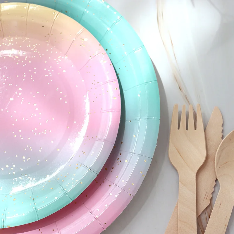 10Guests Rainbow Birthday Disposable Tableware Rainbow Gradient Plates Cups Napkins Kids Girl Happy Rainbow Birthday Party Decor