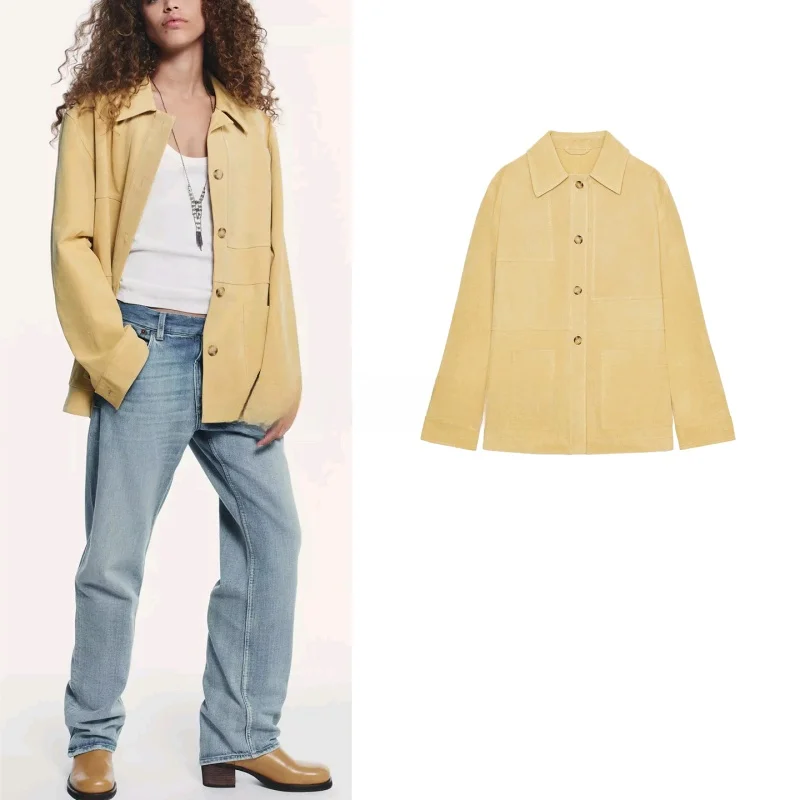 Autumn New Women's Casual Long Sve Pure Color PU Faux Nubu Leather Jaet Flip Collar Outerwear Commute Sle Loose Fit