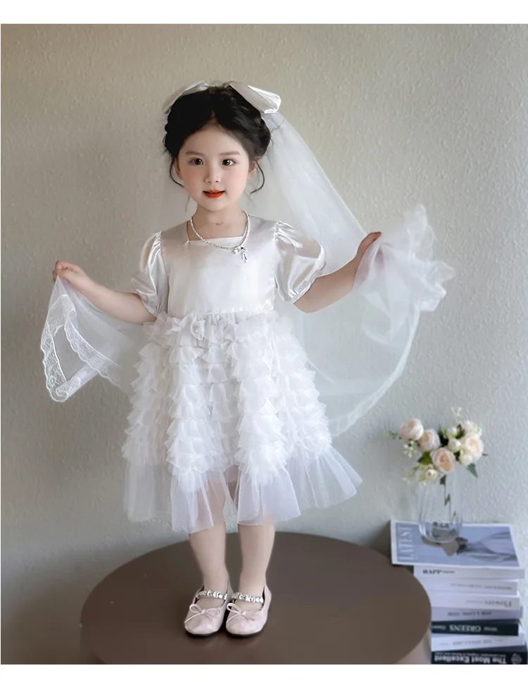 New Baby Summer Girls Boutique White Mesh Dress With Headband , Princess Kids Fashion Holiday Dresses 2-7T