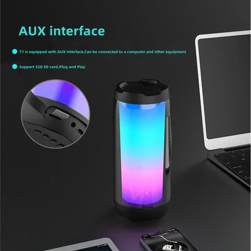 Altavoz Bluetooth portátil pantalla completa luces coloridas estéreo 3D HiFi bajo inalámbrico TF AUX entrada Subwoofer para teléfono PC portátil