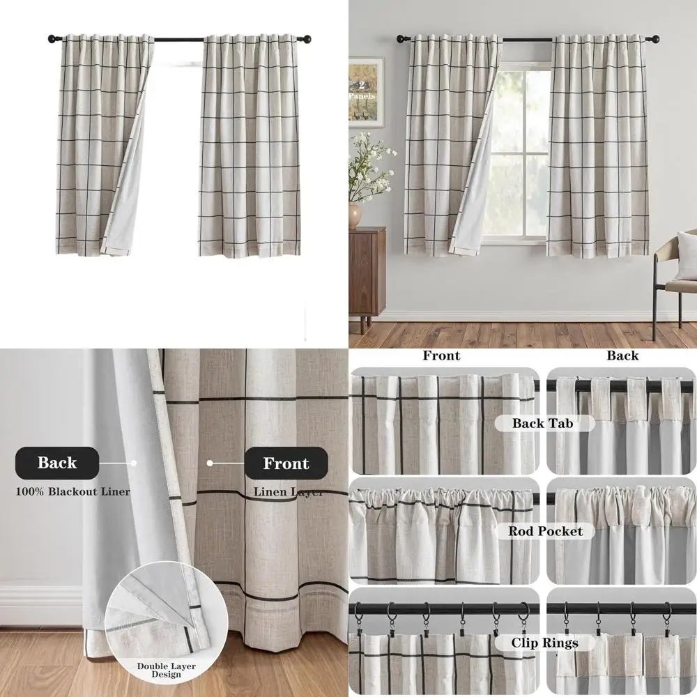 

Длинные двухслойные утепленные светонепроницаемые льняные шторы с клетчатым принтом для дома, 2 панели, ширина 52 дюйма