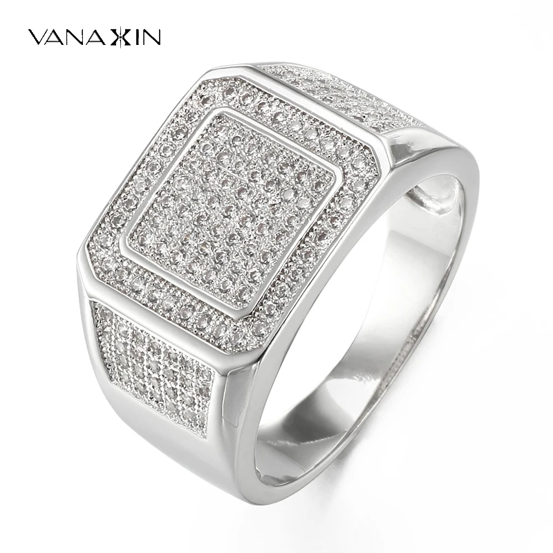 VANAXIN Micro Pave CZ Wedding Rings Engagement Hip Hop Bling  Cool Street Men Iced Out Crystal Ring Jewellery Gift Male