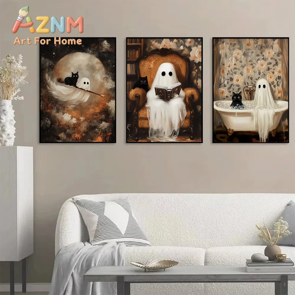 Cute Witch Ghost & Cat in Bathtub Autumn Landscape Halloween Spooky Poster Canvas Painting Wall Art Pictures Home Decor