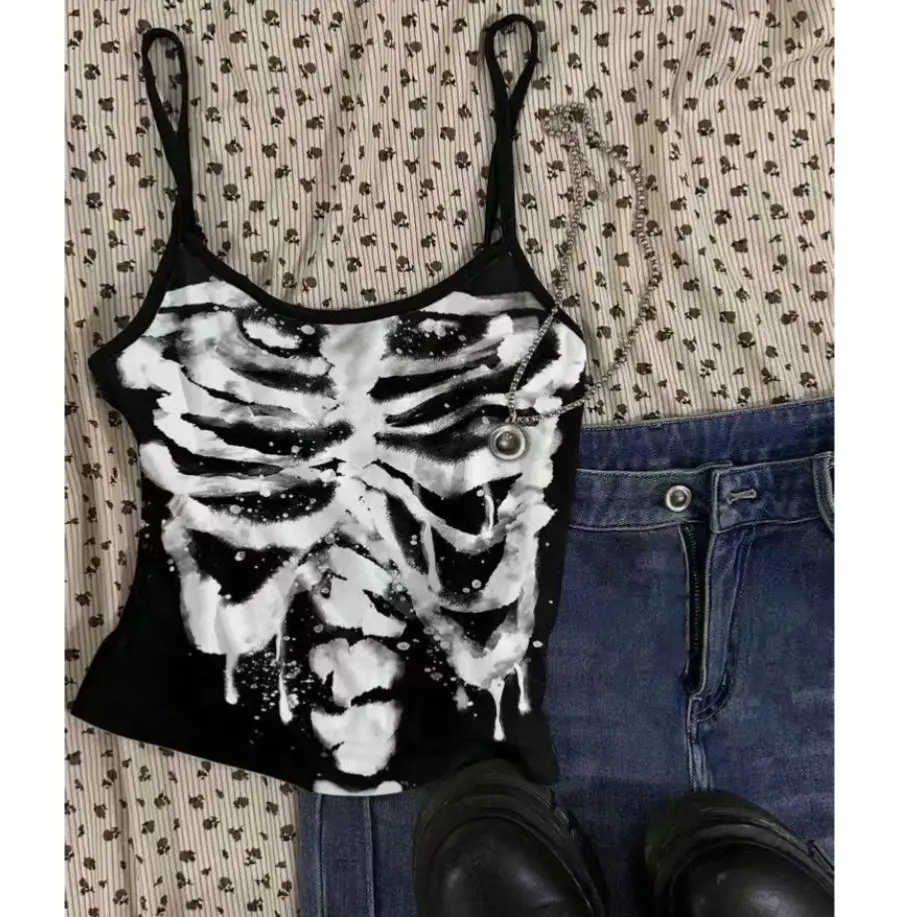 เสื้อกั๊กสไตล์โกธิค ฮาราจูกุ อิบูยะ โร สเกเลตัน สตรีท คูล ซับคัลเจอร์ ลายพิมพ์หวานซ่อนเปรี้ยว สำหรับใส่ไปทำงาน