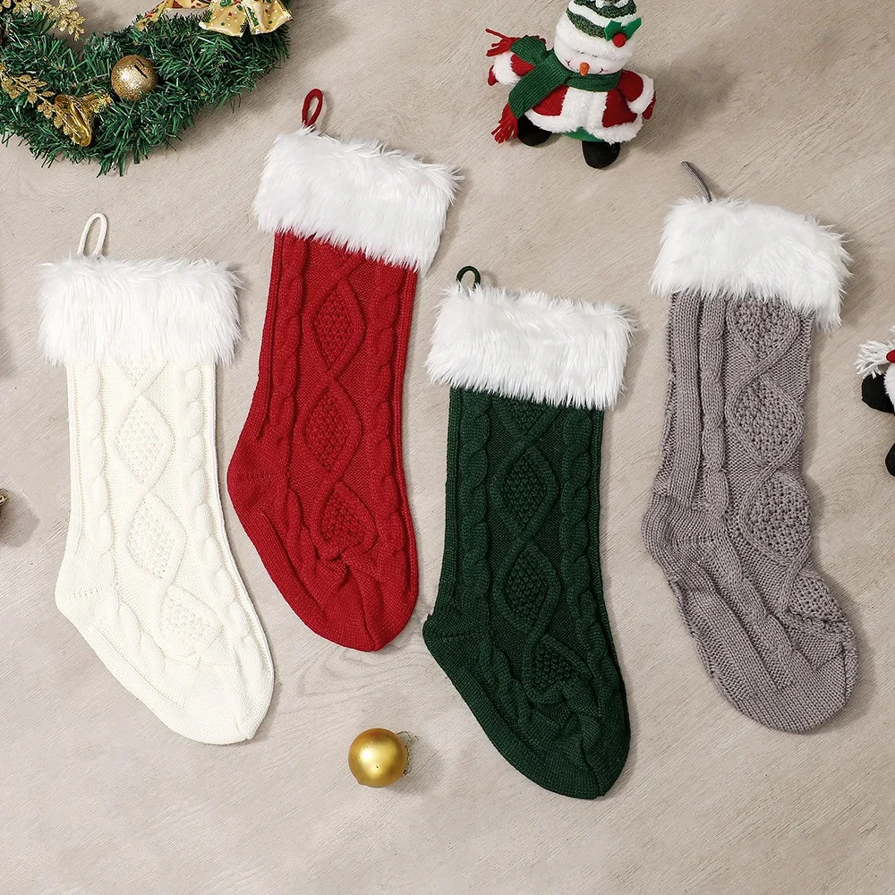 With Fluff Knitted Christmas Stocking Large Size 18 Inches Christmas Gift Bag Solid Color Christmas Tree Ornaments Fireplace