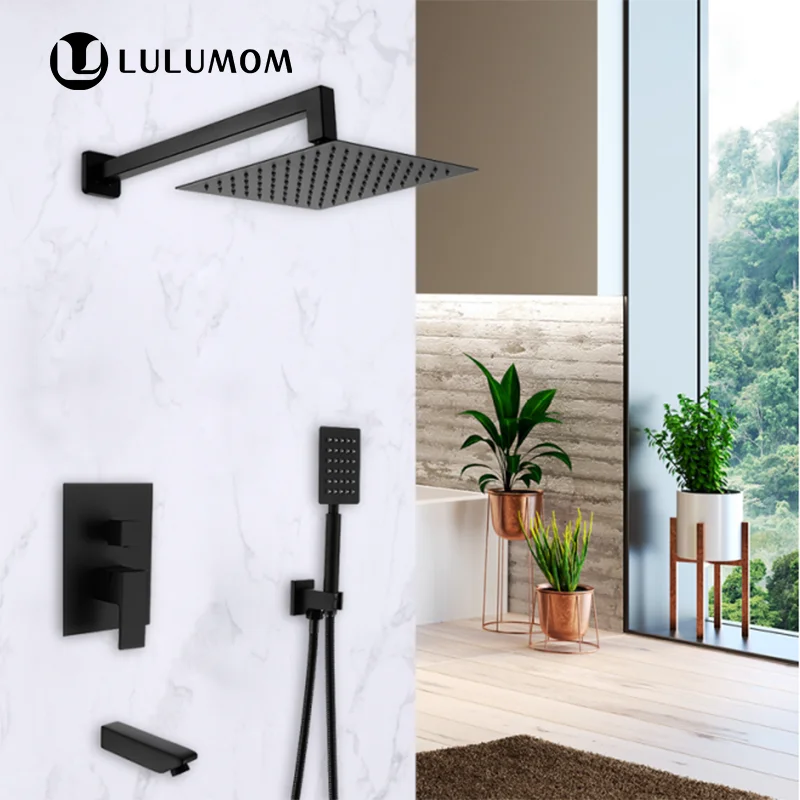 LULUMOM Concealed 3-Function Shower Set Contemporary Modern Black Square Bathroom Rain Mixer Shower Head Chrome Brass Ceramic