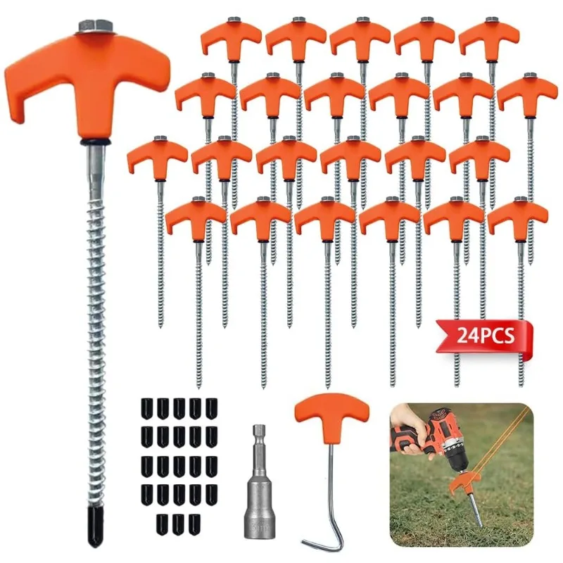 24 Pcs Camping Pegs Drill In with Hex Socket Heavy Duty Spiral Screw Heavy Duty Tent Stakes Pegs Screw in Camping Tent Pegs