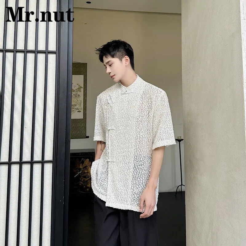 Summer New Casual Short Sleeve Male Shirt Chinese Style Embroidered Sequins Pearl Buckle Standing Collar Stylish Men's Shirt