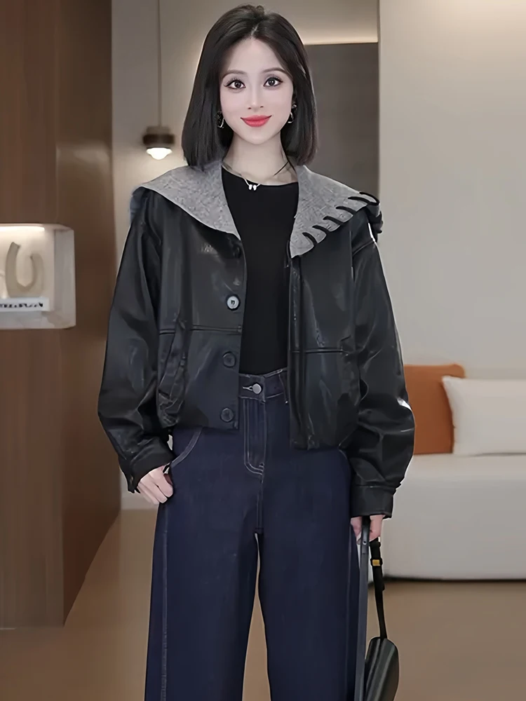 Casual Loose Fit ort Navy Kragen Jaet Damen Faion Künstlerische Sle Leder irt Herbst Neue Ankunft Ele Feel Top