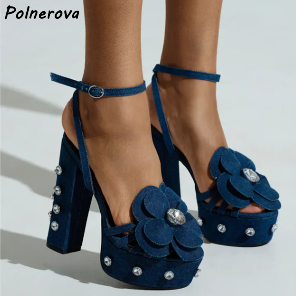 

Rhinestone Denim Blue Flower Sandals Platform Chunky Heels Ankle Band Slingback Shoes Women's Summer Fashion Canvas Shoes