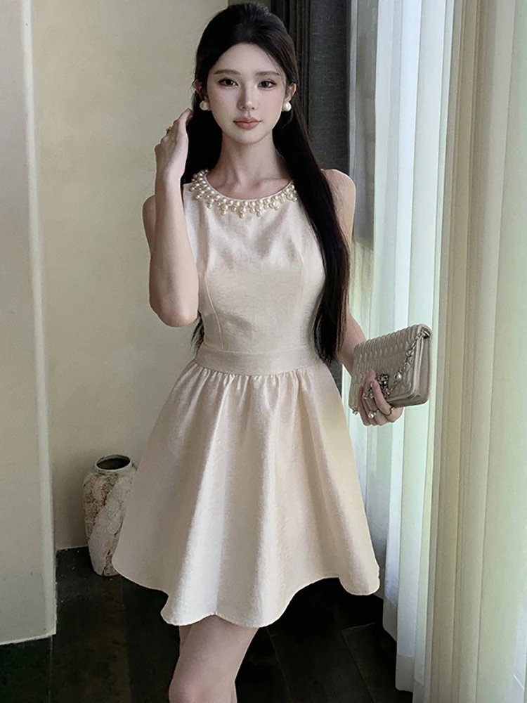 

Summer Solid Chic Sleeveless Beading O-Neck Short Dress Women Elegant Casual A-Line Dress 2025 New Korean Bodycon Festival Dress