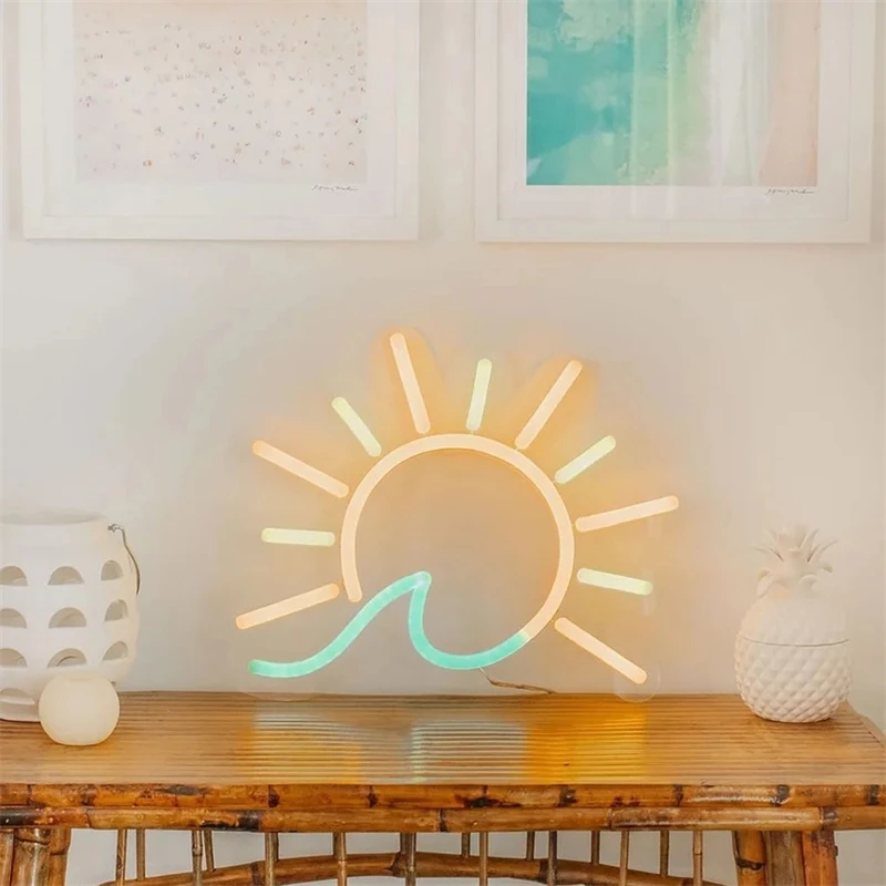 Wanxing Sun Wave Sunrise Sunset Neon Sign Sunset Vacation Led Nature Ocean Club Party Bar Kids Room Light Vibe Wall Decor Gift