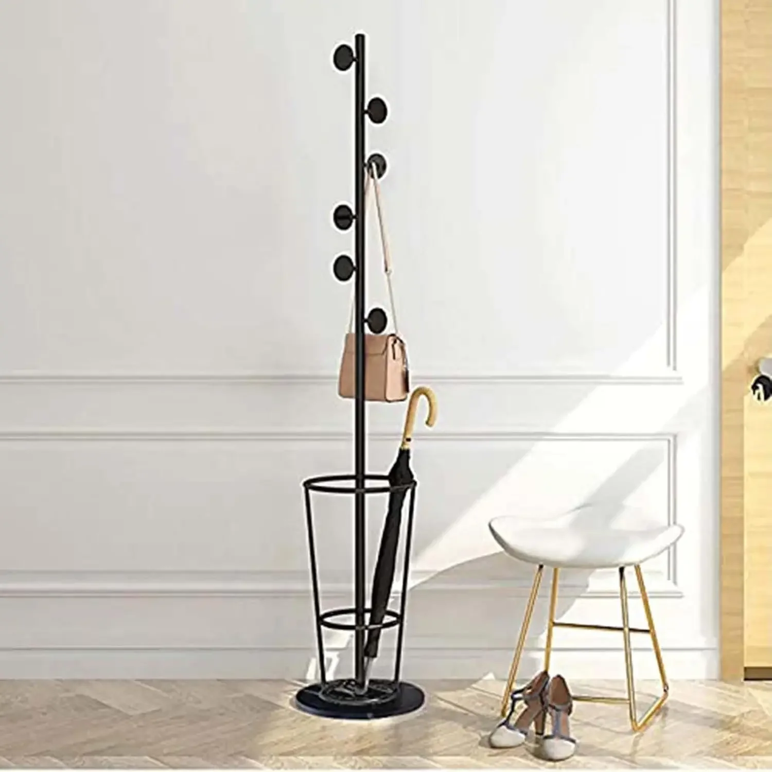 Metal Coat Rack Stand with Hooks and Umbrella Holder Free Standing Coat Stand, for Home Hat Jacket and Umbrella Storag(Black)