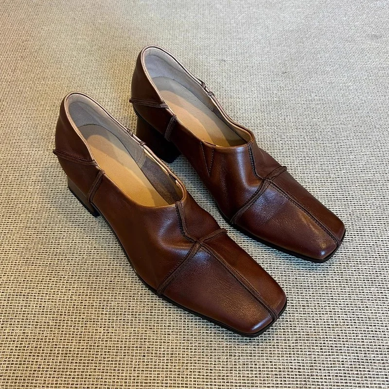 

2025 Summer New Women's Loafers Shoe Square Toe Thick Heel Soft Sewing Design Retro Office Suit Shallow Ladies Single Shoes