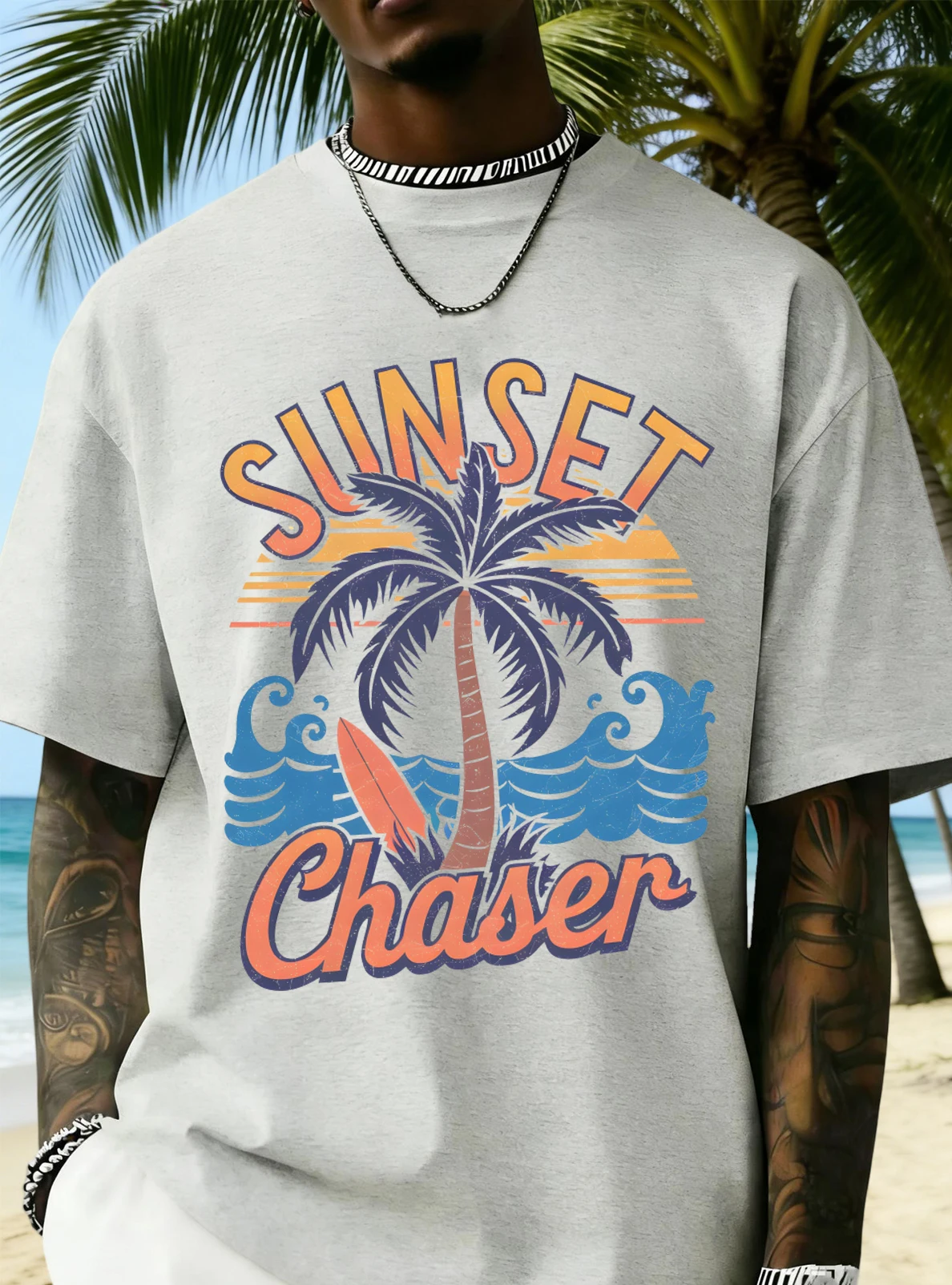 Seaside Sunset Chaser Printed Men'S T-Shirts Cotton Casual T Shirt Running Summer Short Sleeve Crewneck Oversize Tee Tops