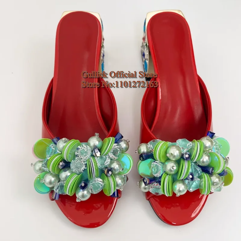

Multi Colors Gem Rhinstone Chunky Heels Women Slippers Red Patent Leather Slip On Sequins Pearls Open ToeFemale Sandals