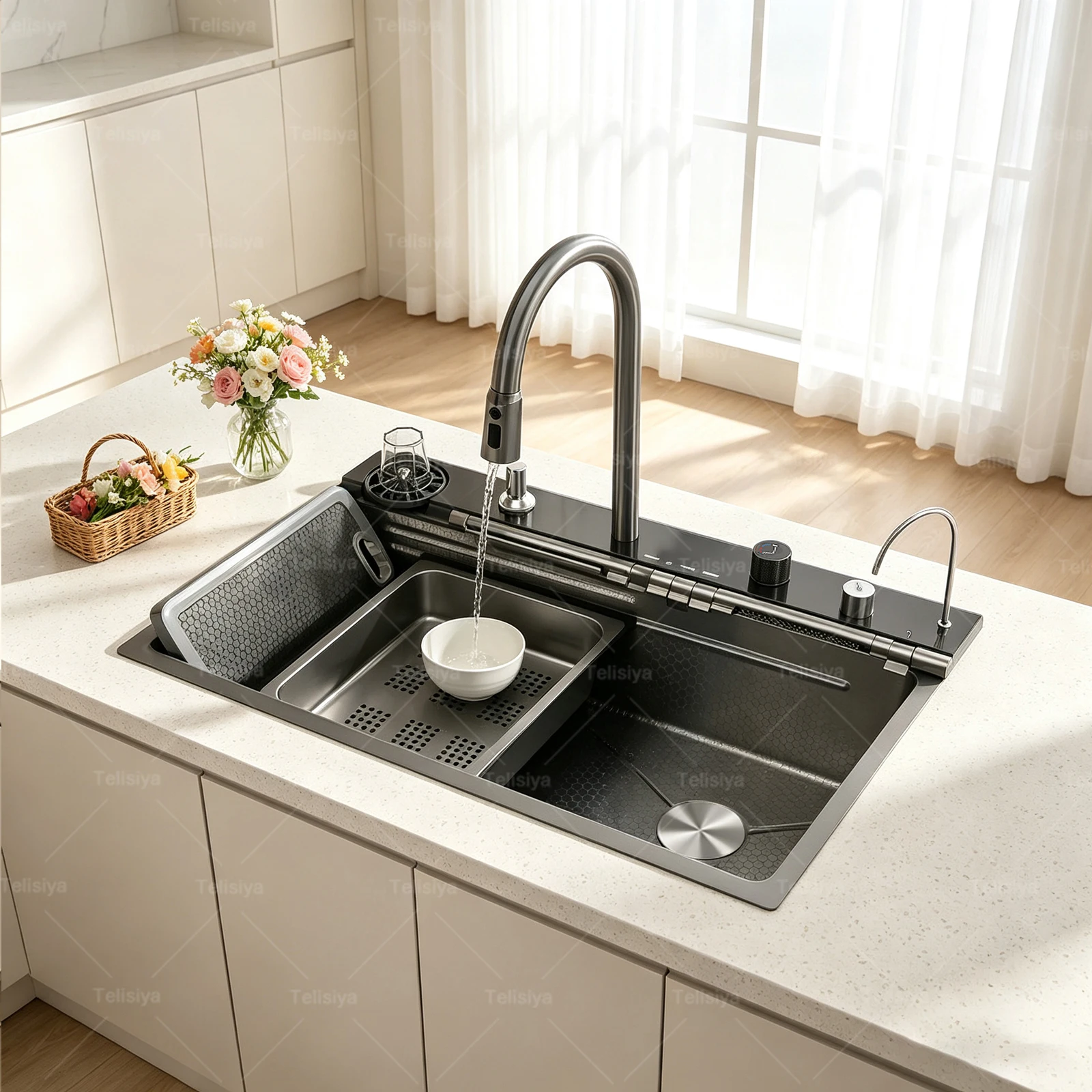 Stainless Steel Kitchen Sink Multifunctional Sinks Waterfall Single Slot Digital Display Vegetable and Dishwashing Basin