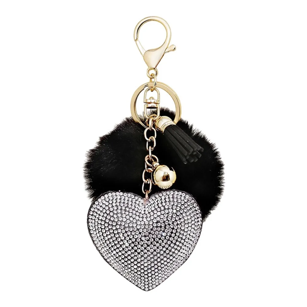 Rhinestone Heart Plush Ball Keychain New Alloy Faux Fur Bag Pendant Solid Color Key Chains Women