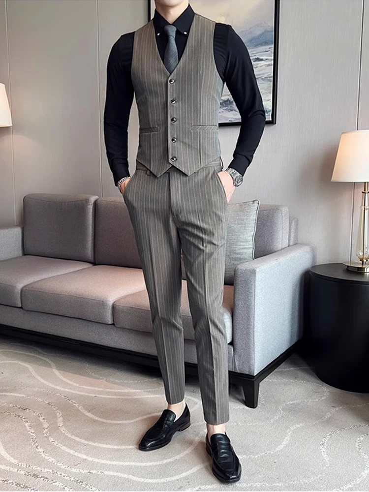 (Jacket + Vest + Pants) Brand Boutique Striped Thick Mens Slim Casual Business Double-breasted Suit 3Pcs Set Groom Wedding Dress