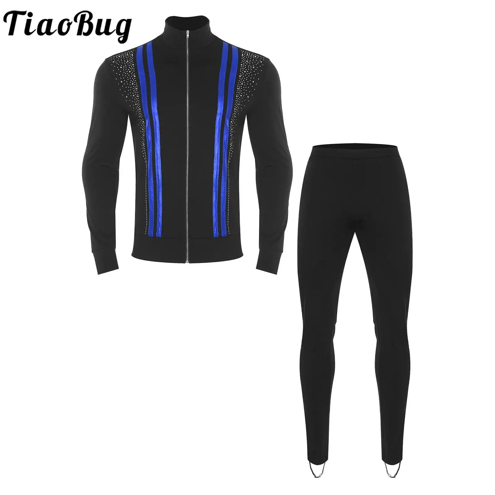 

Men Figure Skating Costume Outfits Rhinestones Long Sleeve Shirt and Stirrup Pants 2-piece Set for Gymnastics Latin Dancewear