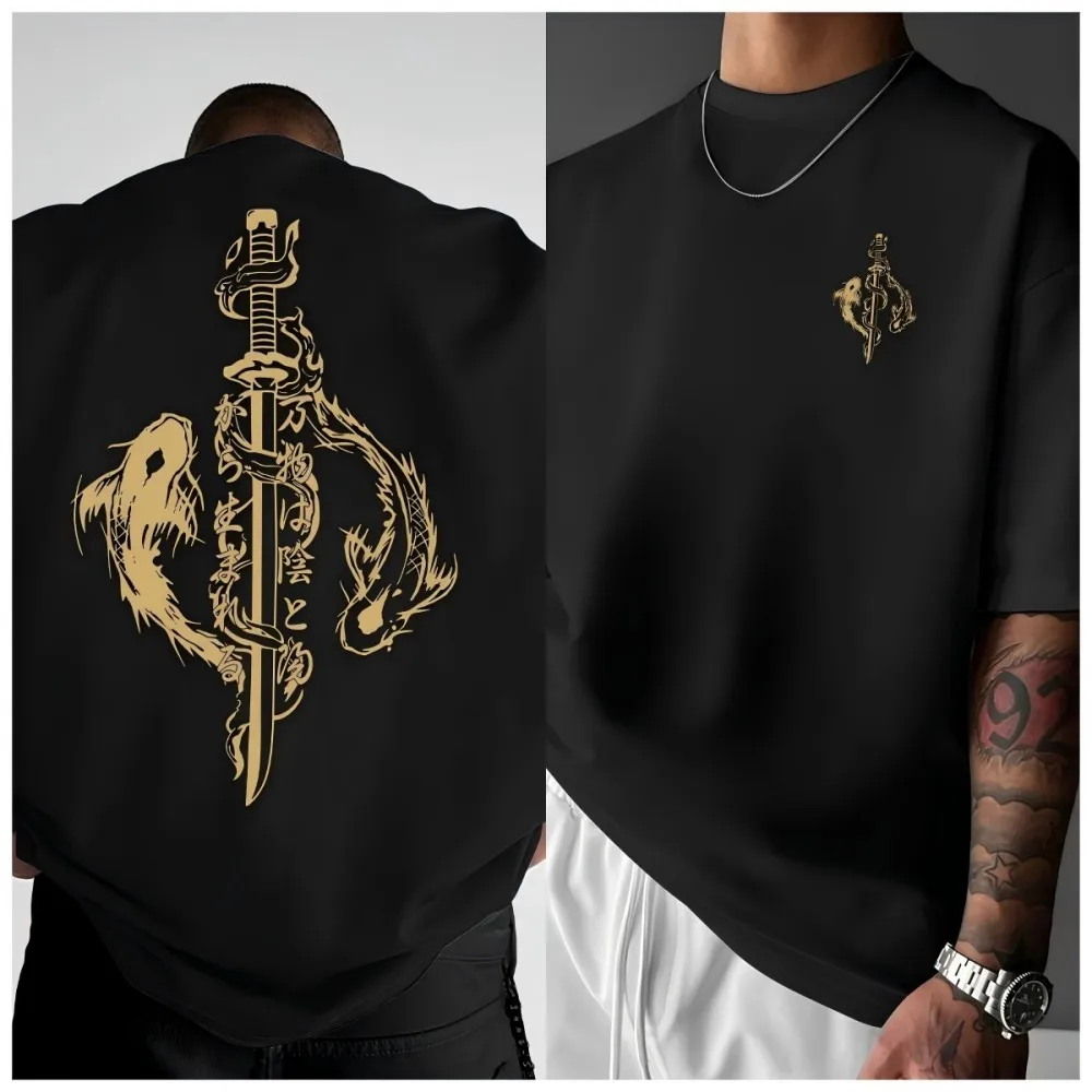 American style new men's summer koi samurai sword letter print soft and breathable round neck T-shirt outdoor casual top