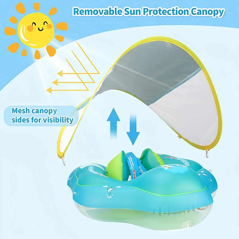 Inflatable Baby Swimming Float with Sun Canopy Kids Swimming Ring Baby Pool Float Safety Swim Trainer for Age of 0-6 Years