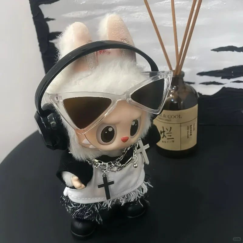 

High Quality 17cm for Labubu Clothing V1 V2 V3 Trendy Set Black Denim Splicing Accessories Necklaces Headphones in Stock No Doll