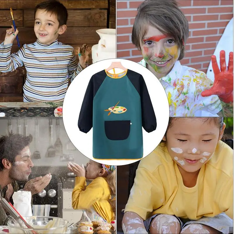 Kids Art Apron Long Sleeve Art Aprons Polyester Adjustable Kids Smocks With Big Pocket Waterproof Comfortable Aprons For