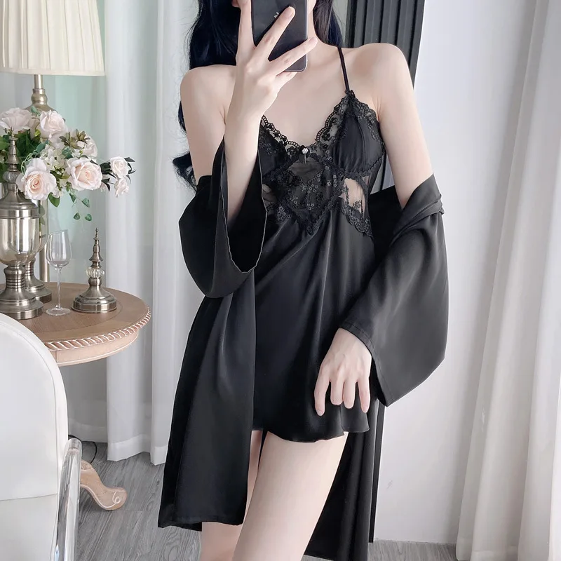 

2PCS Lady Lace Kimono Robe Gown Set V-Neck Nightgown Lingerie Summer Rayon Bathrobe Sleepwear Home Dress Nightwear Loungewear