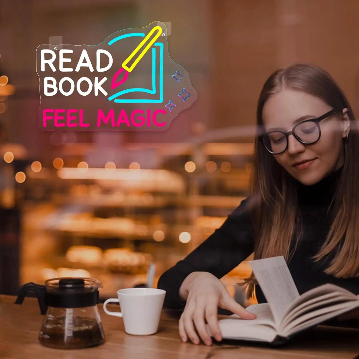 Read Book Feel Magic Neon Sign LED Neon Light Dimmable for Library Classroom Reading Room Bookstore Bookish Wall Decor Kids Gift