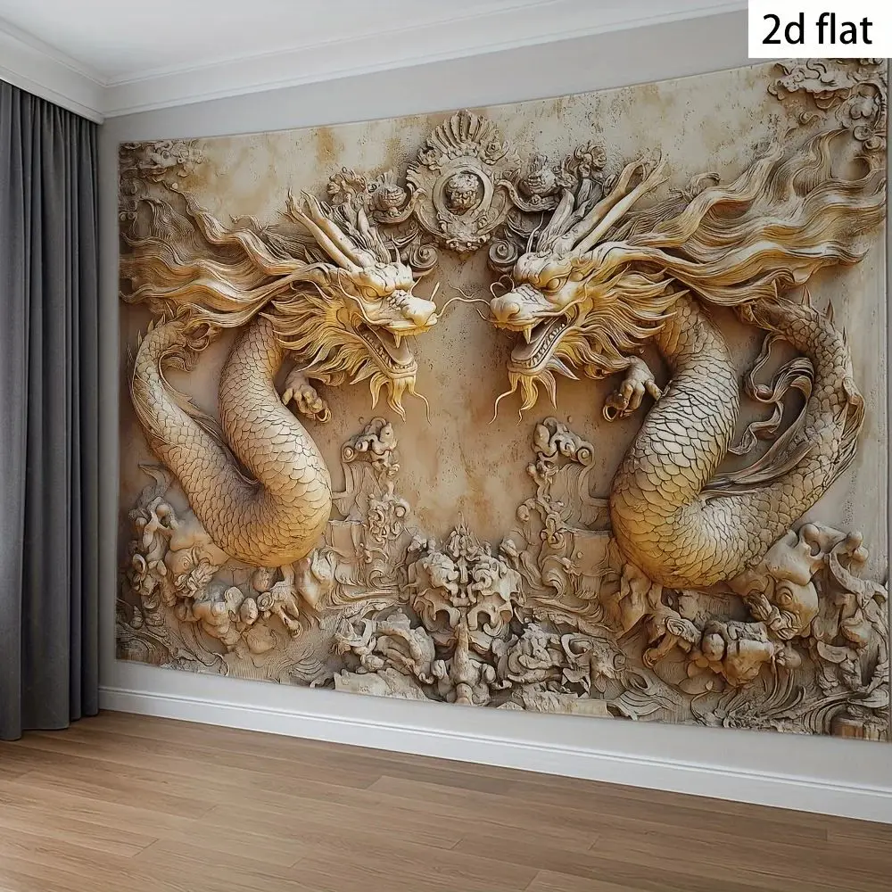 VIKAMA Chinese Dragon Tapestry, Double Gold Dragon Pattern, Oriental Wall Art for Living Room Home Decor