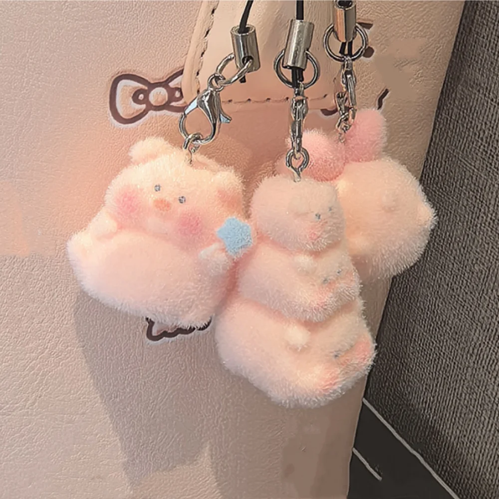 Cute Flocked Stacking Pig Pendant Keychain Phone Chain Cartoon Resin Animal Bag Charm Decoration Car Keyring Gift Accessories