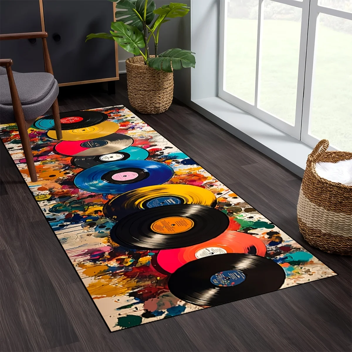 Retro Vinyl Record Runner Rug Colorful Ink Splatter Carpet For Luxury Living Room Office Hallway Bedside Long Floor Mat