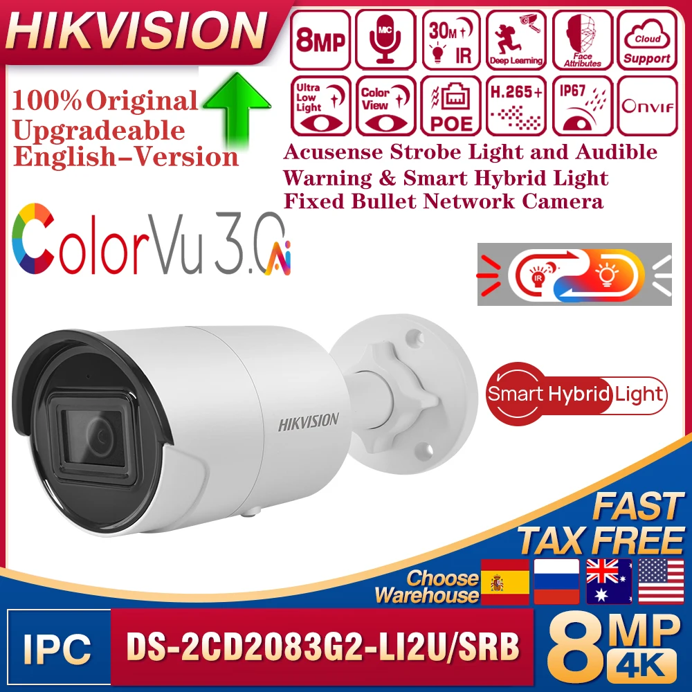 

Hikvision 8MP DS-2CD2083G2-LI2U/SRB Acusense Стробоскоп, звуковое предупреждение и интеллектуальная гибридная сетевая камера с фиксированной пулей