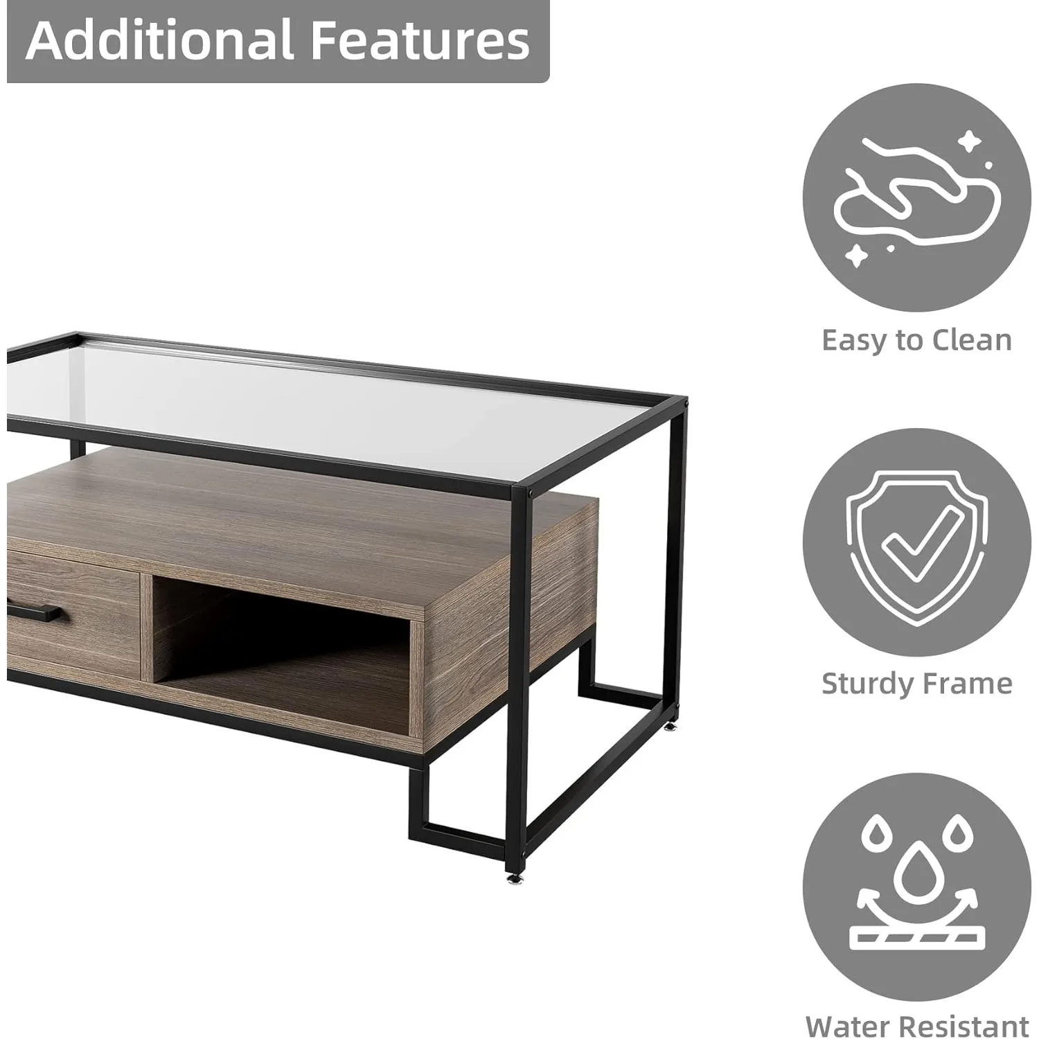 Rectangular Coffee Table, Glass Coffee Table with Storage Shelf & Drawer Mid Century Glass Top Accent Table for Home Living Room