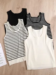 Top Women's loose-fitting striped, spicy Casual Sleeveless Top with round neckline and off-the-shoulder outdoor tank top, summer