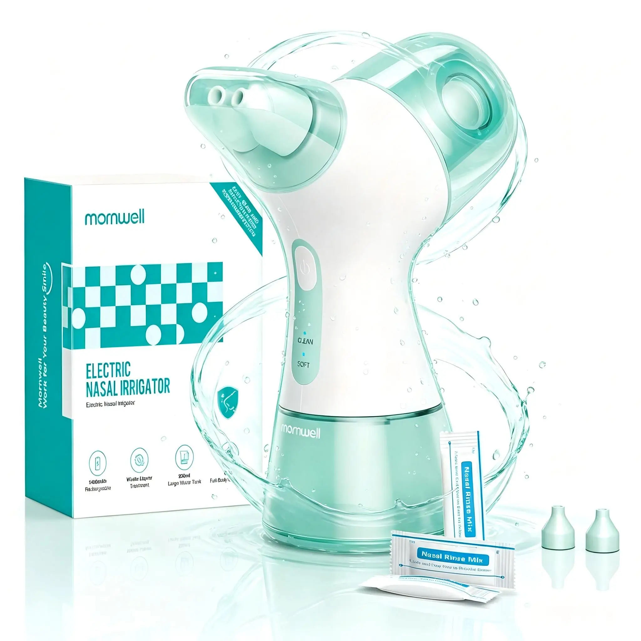 Mornwell Electric Nasal Irrigator, Nasal Irrigation Sinus Rinse Machine with Separate Clean Water & Waste Collection Tank, Porta