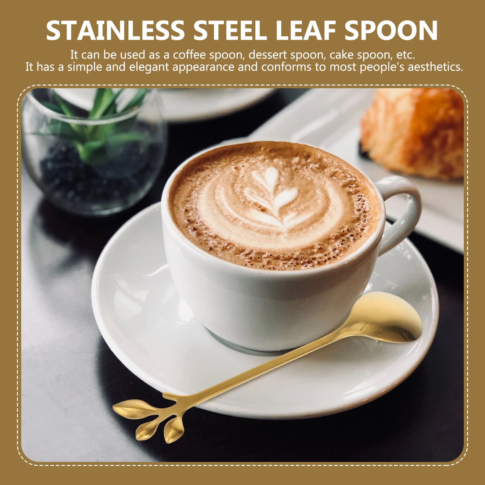 

6Pcs Leaf Shape Stainless Steel Spoons for Coffee Dessert Long Handle Cocktail Stirring Golden Food Grade Tableware